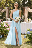 One-Shoulder Sheath Ruched Ruffled Bridesmaid Dress in Sky Blue