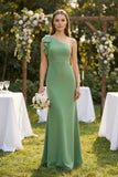 One-Shoulder Sheath Satin Long Bridesmaid Dress in Matcha
