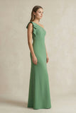 One-Shoulder Sheath Satin Long Bridesmaid Dress in Matcha