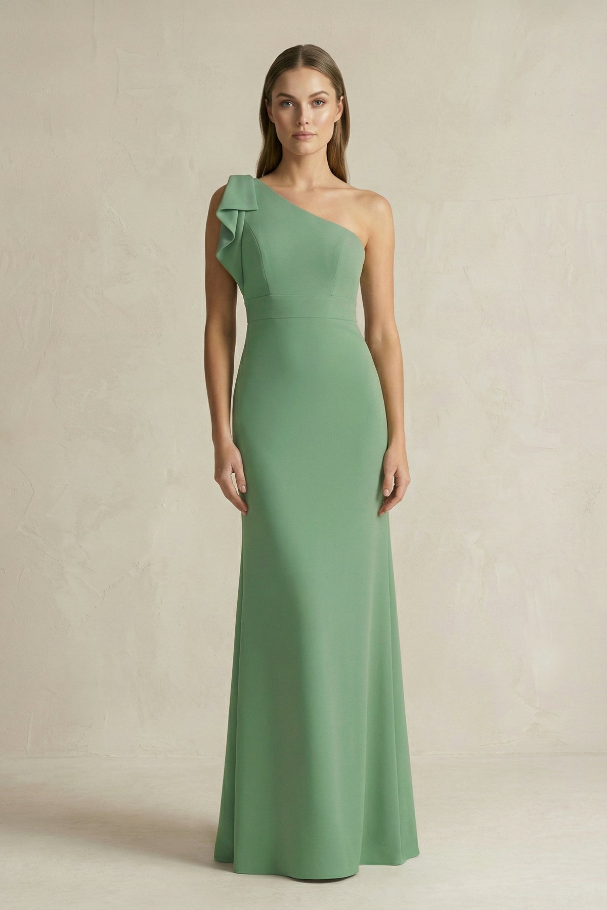 One-Shoulder Sheath Satin Long Bridesmaid Dress in Matcha