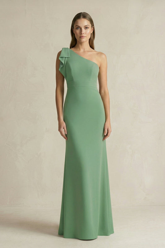 One-Shoulder Sheath Satin Long Bridesmaid Dress in Matcha