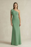 One-Shoulder Sheath Satin Long Bridesmaid Dress in Matcha