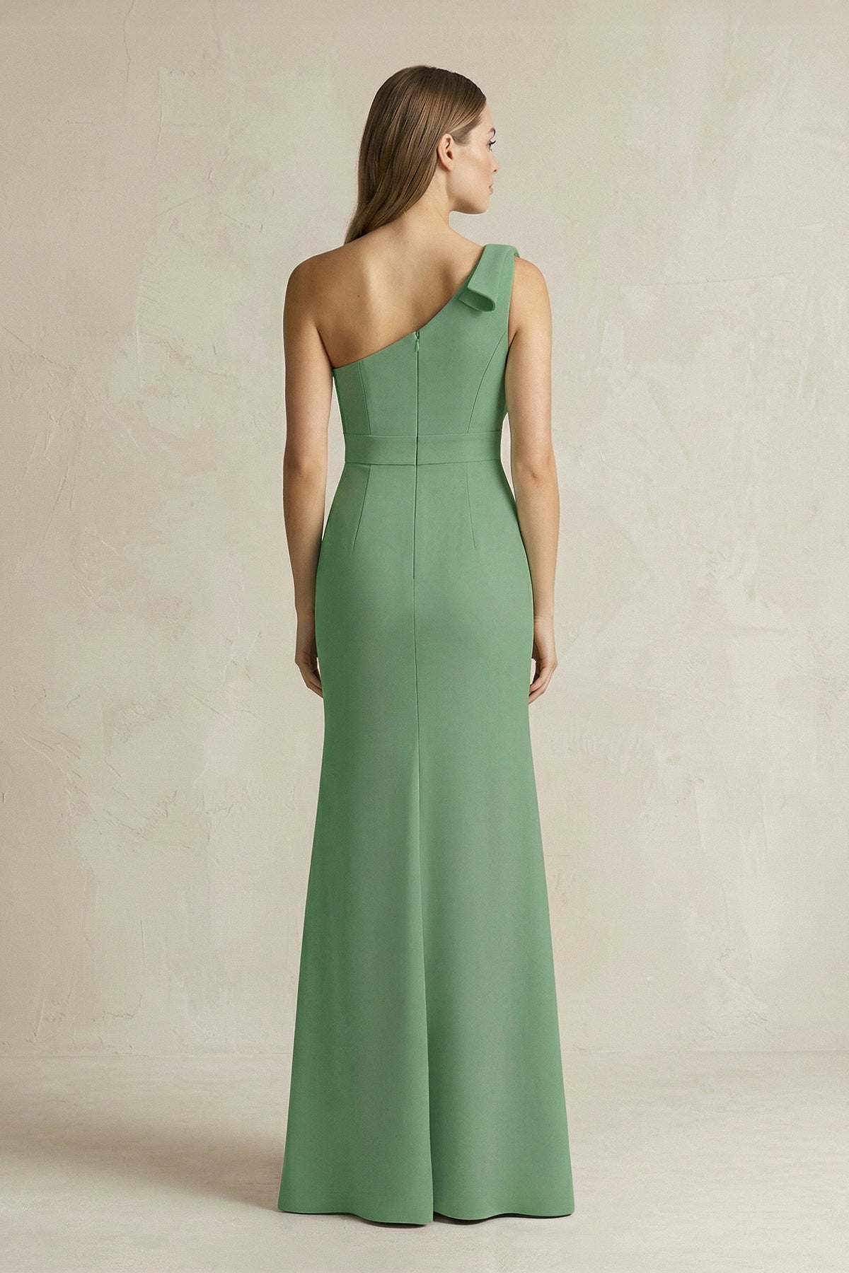 One-Shoulder Sheath Satin Long Bridesmaid Dress in Matcha