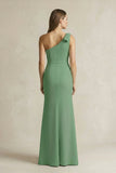 One-Shoulder Sheath Satin Long Bridesmaid Dress in Matcha