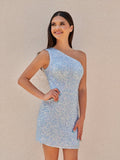 One Shoulder Tight Sky Blue Mini Party Dresses