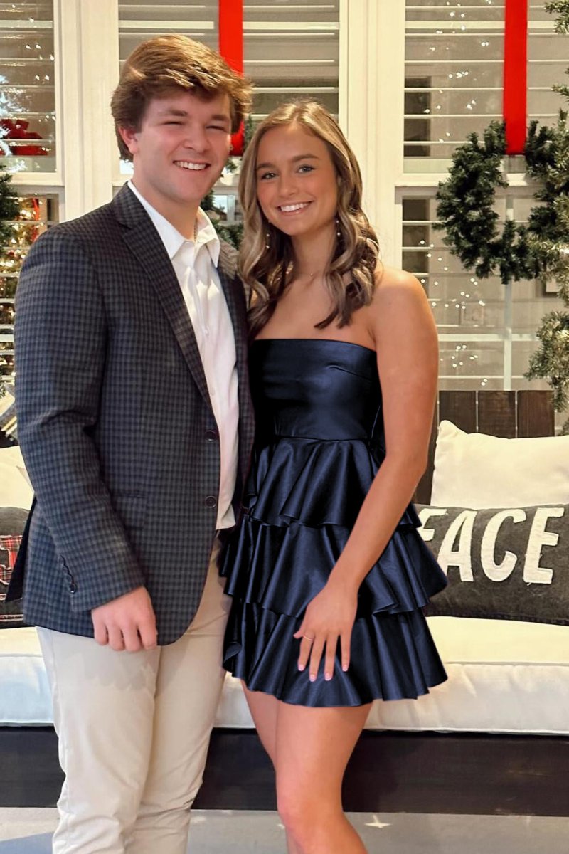 Navy Blue Strapless A Line Satin Ruffle Short Homecoming Dress