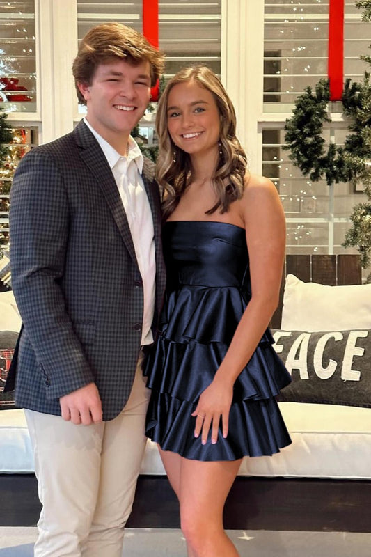 Navy Blue Strapless A Line Satin Ruffle Short Homecoming Dress