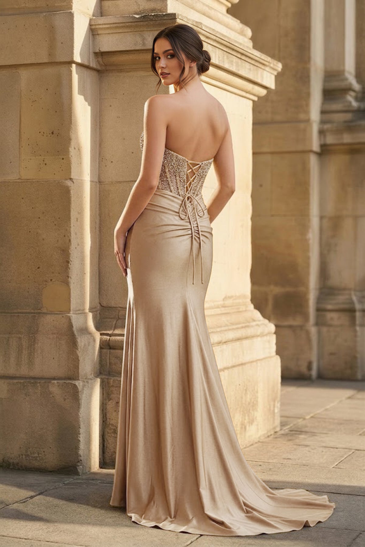 Strapless Mermaid Beaded Long Prom Dress With Slit