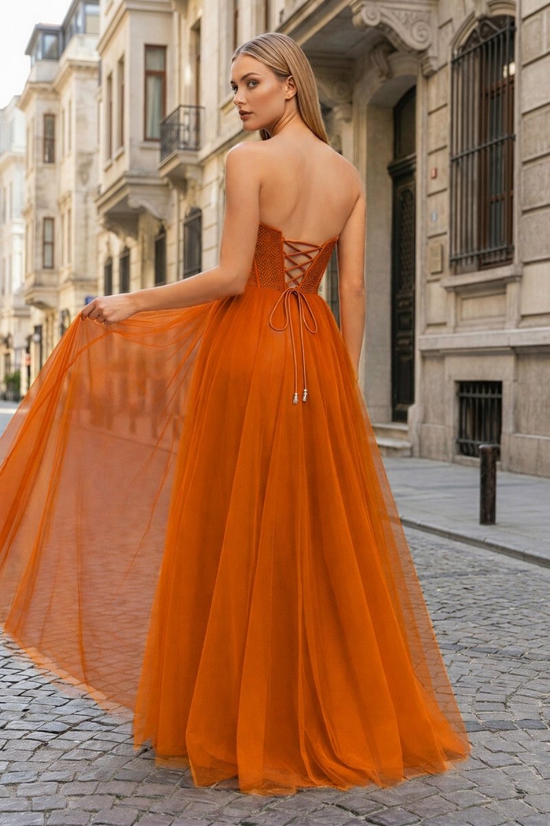 A-Line Sweetheart Beads Empire-Waist Sleeveless Prom Dress With Slit