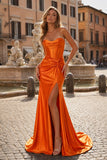 Mermaid Strapless Satin Long Prom Dress With Slit