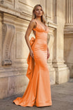 Coral Pink Mermaid V Neck Satin Open Back Long Prom Dresses With Bow