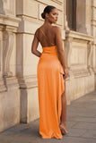 Pink One Shoulder Sheath Satin Long Prom Dresses With Slit