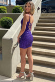 Purple Sequin Plunge V Bodycon Mini Party Dresses