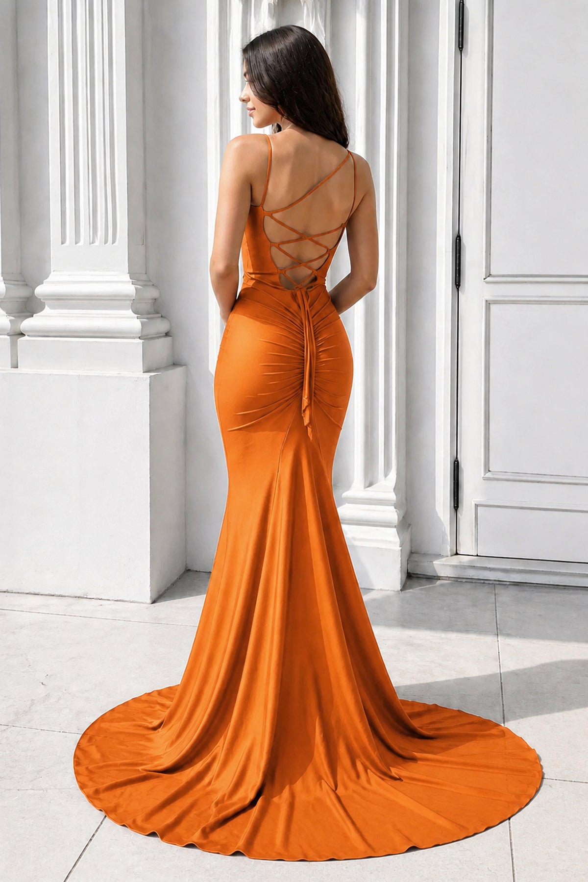 Purple Spaghetti Straps Lace-Up Mermaid Long Formal Dress