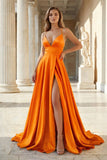 Pink Spaghetti Straps Satin Backless A Line Prom Dress With Pockets