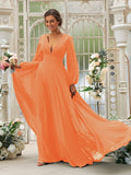 Vestido de dama de honor de corte A/princesa, de gasa, con volantes, escote en V, mangas largas y cola larga, vestido para madre de la novia