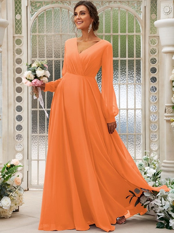 A-Line/Princess Chiffon Ruched V-neck Long Sleeves Floor-Length Bridesmaid Dresses Mother of the Bride Dress