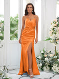 Sheath/Column Silk like Satin Ruched Spaghetti Straps Sleeveless Sweep/Brush Train Bridesmaid Dresses Evening Dress