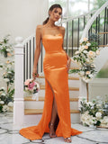 Sheath/Column Silk like Satin Ruched Square Sleeveless Sweep/Brush Train Bridesmaid Dresses Evening Dress