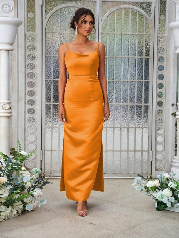 Sheath/Column Satin Ruched Spaghetti Straps Sleeveless Ankle-Length Bridesmaid Dresses Evening Dress