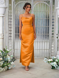 Sheath/Column Satin Ruched Spaghetti Straps Sleeveless Ankle-Length Bridesmaid Dresses Evening Dress
