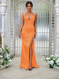 Sheath/Column Silk like Satin Ruched V-neck Sleeveless Sweep/Brush Train Bridesmaid Dresses Evening Dress
