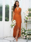 A-Line/Princess Charmeuse Ruched V-neck Sleeveless Sweep/Brush Train Bridesmaid Dresses Evening Dress