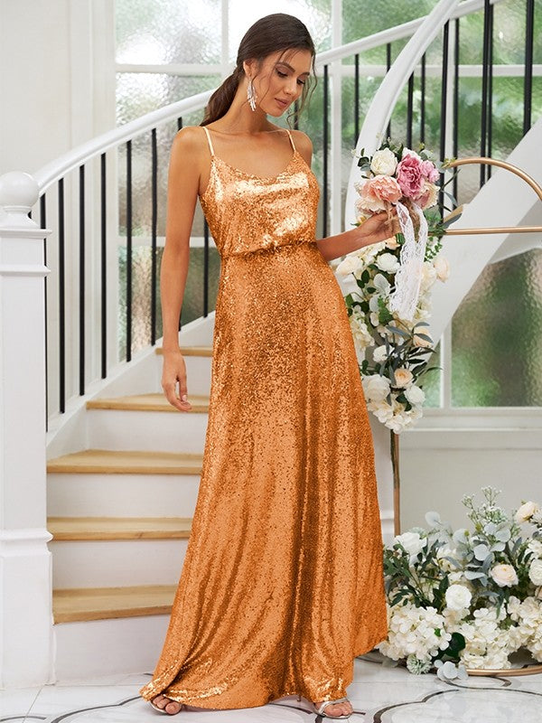 A-Line/Princess Sequins Ruched Straps Sleeveless Floor-Length Bridesmaid Dresses Evening Prom Dress