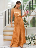 A-Line/Princess Sequins Ruched Straps Sleeveless Floor-Length Bridesmaid Dresses Evening Prom Dress