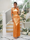 Sheath/Column Sequins Ruched Scoop Short Sleeves Floor-Length Bridesmaid Dresses Evening Dress