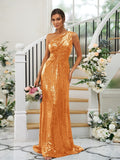 Sheath/Column Sequins Ruched One-Shoulder Sleeveless Sweep/Brush Train Bridesmaid Dresses Evening Dress