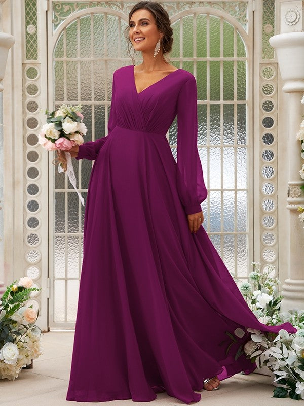 A-Line/Princess Chiffon Ruched V-neck Long Sleeves Floor-Length Bridesmaid Dresses Mother of the Bride Dress