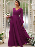 A-Line/Princess Chiffon Ruched V-neck Long Sleeves Floor-Length Bridesmaid Dresses Mother of the Bride Dress