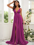 Vestido de dama de honor de corte A/princesa, jersey con volantes, escote en V, sin mangas, cola larga, para invitada de boda