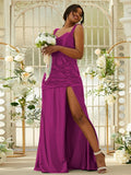 Sheath/Column Polyester Ruched Sweetheart Sleeveless Sweep/Brush Train Bridesmaid Dresses Evening Dress
