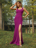 Sheath/Column Jersey Ruffles Straps Sleeveless Sweep/Brush Train Bridesmaid Dresses Evening Dress