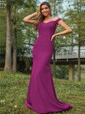 Sheath/Column Stretch Crepe Applique Off-the-Shoulder Sleeveless Sweep/Brush Train Bridesmaid Dresses Evening Dress