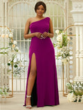 Sheath/Column Jersey Ruffles One-Shoulder Sleeveless Sweep/Brush Train Bridesmaid Dresses Evening Dress