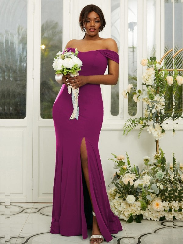 Sheath/Column Jersey Ruffles Off-the-Shoulder Sleeveless Sweep/Brush Train Bridesmaid Dresses Evening Dress