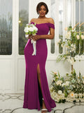 Sheath/Column Jersey Ruffles Off-the-Shoulder Sleeveless Sweep/Brush Train Bridesmaid Dresses Evening Dress