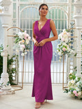 Sheath/Column Jersey Ruched V-neck Sleeveless Floor-Length Bridesmaid Dresses Evening Dress
