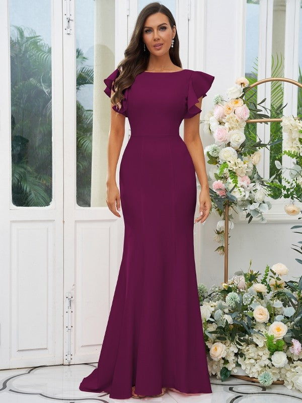 Sheath/Column Stretch Crepe Ruffles Scoop Short Sleeves Sweep/Brush Train Bridesmaid Dresses Evening Dress