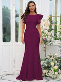 Sheath/Column Stretch Crepe Ruffles Scoop Short Sleeves Sweep/Brush Train Bridesmaid Dresses Evening Dress
