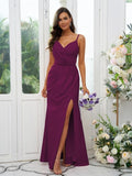 A-Line/Princess Stretch Crepe Ruched V-neck Sleeveless Floor-Length Bridesmaid Dresses Evening Dress