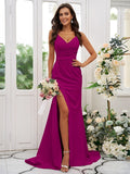 Sheath/Column Stretch Crepe Ruched V-neck Sleeveless Sweep/Brush Train Bridesmaid Dresses Evening Dress