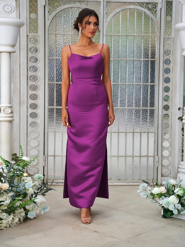 Sheath/Column Satin Ruched Spaghetti Straps Sleeveless Ankle-Length Bridesmaid Dresses Evening Dress