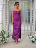 Sheath/Column Satin Ruched Spaghetti Straps Sleeveless Ankle-Length Bridesmaid Dresses Evening Dress