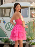 Fuchsia - A Line Tulle Ruffles Sweetheart Short Homecoming Dresses with Bow