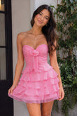 Pink - A Line Tulle Ruffles Sweetheart Short Homecoming Dresses with Bow