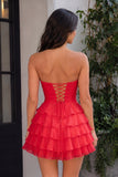 Red - A Line Tulle Ruffles Sweetheart Short Homecoming Dresses with Bow